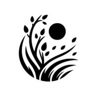 Elegant black and white circular depicting stylized grass, tree with leaves and sun, evoking natures simplicity. vector