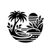 A stylized black and white illustration of a tropical island scene with a palm tree, sun, vegetation, and ocean within a circular border. vector