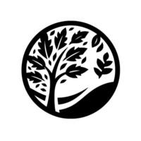 A stylized monochrome tree silhouette within a circular frame, with detailed leaves and a flowing landscape element. vector