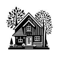 Black and White Illustration of a Cozy House with Lush Trees, a Porch, and Garden Elements, Isolated on White. vector