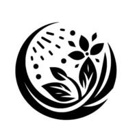A stylized, minimalist black and white floral emblem enclosed within a crescent shape, featuring leaves, a flower, and scattered dots lines, set against a white background. vector