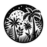 Black and White Tropical Scene in a Circle, Palm Trees, Leaves, and Starry Sky Silhouette. vector