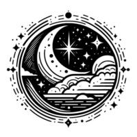 Intricate Celestial Mandala Crescent Moon, Starburst, Stars, Clouds, and Oceanic Horizon within a Circular Frame, in Black and White. vector