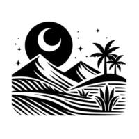 Serene Nightscape Black and white illustration of mountains, crescent moon, palm trees, and stars over a patterned field, minimalist . vector