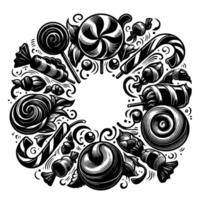 A whimsical black and white candy wreath featuring lollipops, candy canes, and various sweets, creating a festive and playful composition. vector