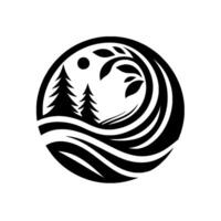 A Black and White Circular Nature Featuring Pine Trees, Leaves, Waves, and a Moon, Emphasizing Harmony and the Wilderness. vector