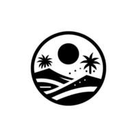 Black and White Circular Depicting a Tropical Landscape with Palm Trees, Sun, and Hills, Representing Paradise and Nature. vector