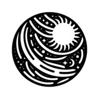 Celestial Orb A Minimalist Black and White Featuring the Sun, Stars, and Cosmic Swirls within a Circular Frame. vector
