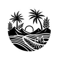 Black and white circular landscape, depicting palm trees, mountains, sunrise, and stylized fields in a minimalist, linocut style. vector