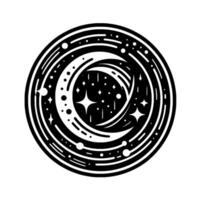 Celestial Monochromatic A crescent moon and stars enclosed in a circular with radiating lines and dots. vector