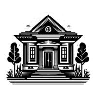 Stylized monochrome illustration of a classic building, symmetrical facade, with trees and a sky, reminiscent of a vintage print. vector