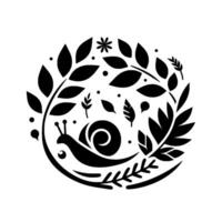Stylized Black White Illustration of a Snail Within a Botanical Wreath , Minimalist and Decorative. vector