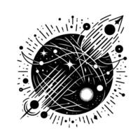 Abstract Black and White Cosmic Illustration Featuring a Celestial Sphere with Starry Patterns, a Rocket, and Orbits, on a White Background. vector