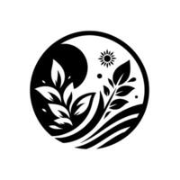 Symbolic Yin Yang A black and white circular composition balancing light and shadow, featuring sun, leaves, and water, representing harmony. vector