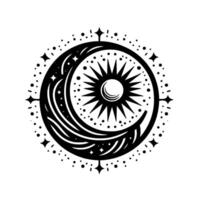 A stylized, celestial illustration featuring a crescent moon enveloping a sun, surrounded by a circle of stars and dots, rendered in bold black and white, evoking a sense of mysticism and wonder. vector