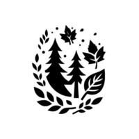 Black and White Minimalist Forest Scene Silhouetted Pines and Leaves Enclosed in an Oval Foliage Frame with Simple Dot Accents on a White Background. vector