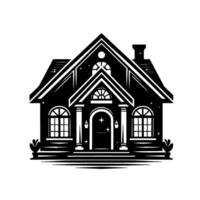 Elegant Black and White Illustration of a Detailed TwoStory House with Arched Doorway, Dormers, and Shrubbery. vector