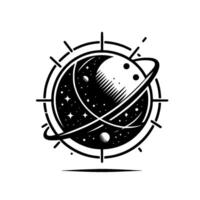 Black and white minimalist illustration of a celestial scene featuring a planet with a starfilled sky, surrounded by rings, planets, and a compasslike frame, evoking wonder. vector
