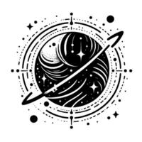 Black and White Celestial Symbol A Stylized Planet with Orbiting Ring, Stars, and Cosmic Elements on White Background. vector