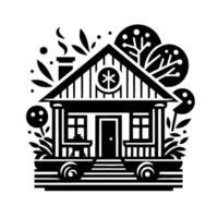 Minimalist Black and White Illustration of a Cozy Cabin Home with Trees, Foliage, and a Snowflake Motif for a Rustic, Serene Vibe. vector