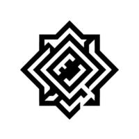 Geometric Starburst A symmetrical black and white featuring layered mazelike patterns within an octagonal shape against a clean white background. vector