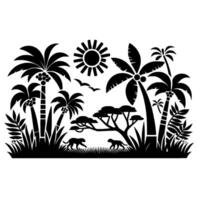 Silhouette artwork of a tropical paradise featuring palm trees, savanna trees, sun, birds, and two jaguars, all in stark black against a white background, creating a striking contrast. vector