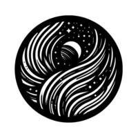 Cosmic YinYang A stylized black and white celestial artwork featuring a crescent moon, starry sky and dynamic swirling lines within a circular frame. vector