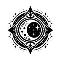 Intricate Celestial Mandala Black and White Circular Featuring a Crescent Moon, Stars, and Geometric Starbursts with Detailed Patterns. vector