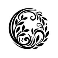 Intricate black and white circular featuring stylized floral and leaf motifs, arranged in a flowing, symmetrical pattern. vector