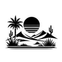 Minimalist Black and White Desert Landscape Palm Tree, Cacti, Mountains, and Sun Against a White Backdrop vector