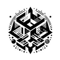 Intricate Geometric Abstract Black and White Isometric D Shapes, Dots, Lines, and a Circular Composition. vector