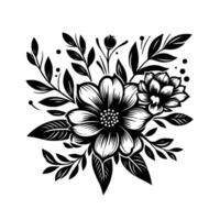 Intricate Black and White Floral Illustration, Featuring Two Main Blossoms and Lush Foliage on a White Canvas, Emphasizing Contrast and Simplicity. vector