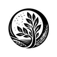 Serene, circular, black and white illustration featuring a stylized tree with abundant leaves, birds, and a stylized landscape, inside a circle frame. vector
