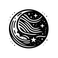 Celestial Crescent A stylized, black and white of a moon embracing a serene female profile, surrounded by stars and cosmic elements. vector