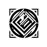 Geometric black and white abstract featuring a circular and square arrangement of interconnected lines, angles, and shapes, creating a layered and optical illusion effect. vector