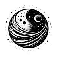 Cosmic YinYang A minimalist black and white illustration blending celestial elements, with swirling lines and spacethemed details, offering a balance of light and dark. vector