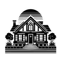 Black and white, stylized illustration of a house with a sunlike shape in the background, symmetrical composition, trees, and garden details. vector