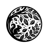 Silhouette illustration of a squirrel nestled beneath a tree within a circular frame, surrounded by leaves, acorns and stylized details. vector