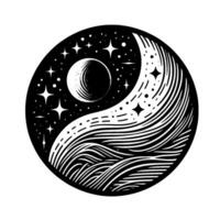 Yin Yang Celestial Black White Circular Featuring Moon, Stars, and Flowing Lines, Representing Balance Cosmic Harmony. vector