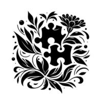 Intertwined black puzzle pieces embraced by floral and leaf elements, creating a cohesive circleshaped . vector
