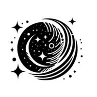 Celestial Fusion A Black and White Artistic Depiction of a Crescent Moon Encompassed by a Swirling Cosmic Nebula and Stellar Dust, with Stars. vector