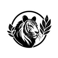 Elegant Black and White Tiger Head Portrait Within a Circle Frame, Flanked by Leafy Emblems, Symbolic and Minimalist . vector