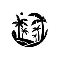 Minimalist Black White Island Paradise Palm Trees, Surfboard, Sun Enclosed in a Circle vector