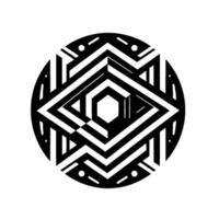 Black White Geometric Mandala Circular featuring a central rhombus, hexagon, and repeating zigzag lines. vector