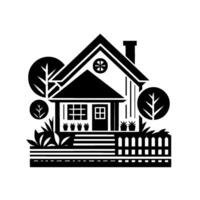 Stylized Black and White Illustration of a Home, Garden, and Trees in a Minimalist, Geometric . vector