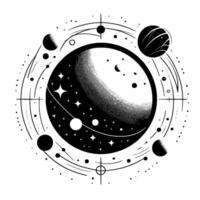 Abstract Monochrome Celestial Composition CrescentMoon Planet Surrounded by Orbiting Spheres, Stars, and Geometric Lines on White. vector