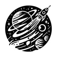RetroFuturistic Black and White Illustration of a Rocket Launching from a Planetary System within a Circular Frame of Stars and Planets. vector