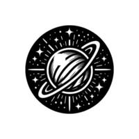 illustration of a planet with rings, surrounded by stars and radial lines, in a stylized monochrome . vector