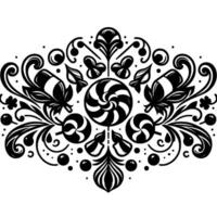 Symmetrical black and white ornamental featuring stylized candies, lollipops, and floral elements arranged in an intricate decorative pattern. vector