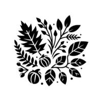 A symmetrical, minimalist blackandwhite botanical illustration featuring an assortment of leaves, berries, and stylized fruits, creating a balanced, decorative composition. vector